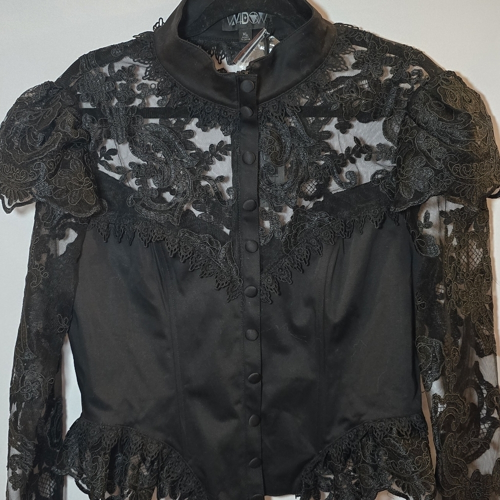 NWT Dolls Kill Widow Black Lace Victorian Goth Vampy High Collar Faux Button XL